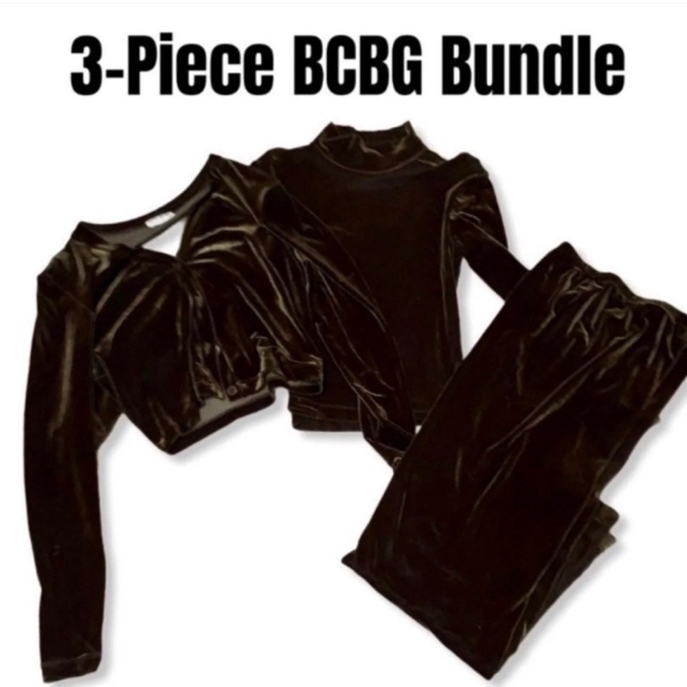 Y2K BCBG Velvet Tracksuit 3 Piece Set Jacket Mock Neck Top Pants Brown Sporty - Picture 2 of 13